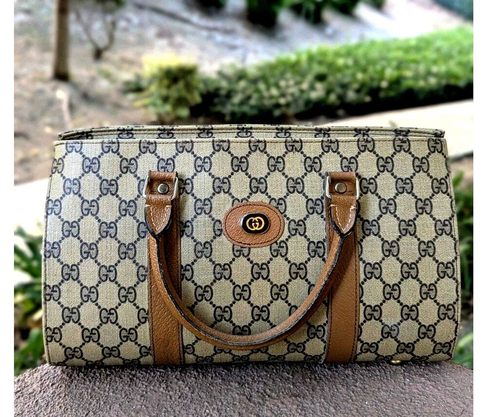 Vintage Gucci GG Classic Monogram Coated Canvas Brown Leather Boston Bag 70's